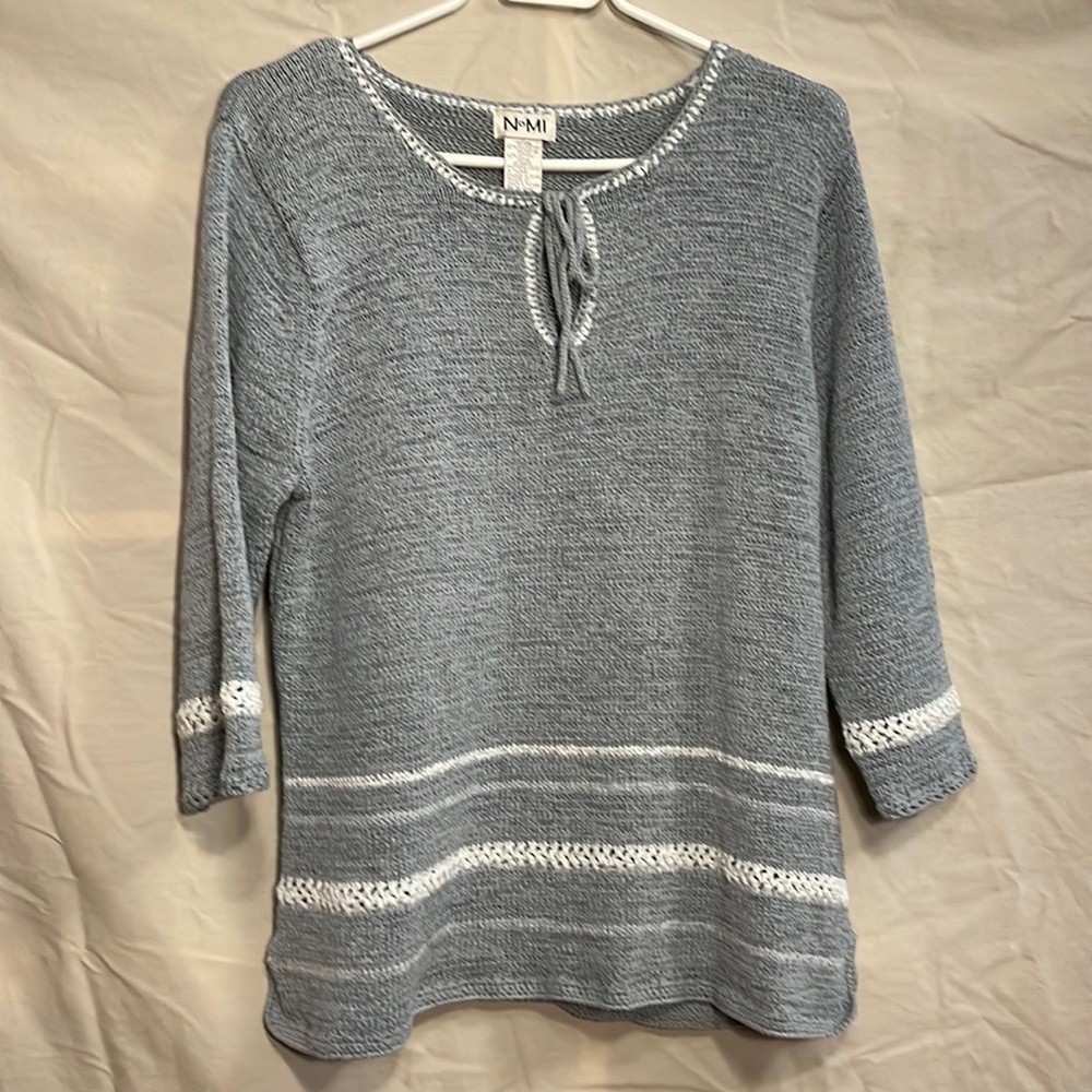 NoMI Vintage Heather Blue Cotton Blend Crochet Open Knit Tie Neck Sweater XL